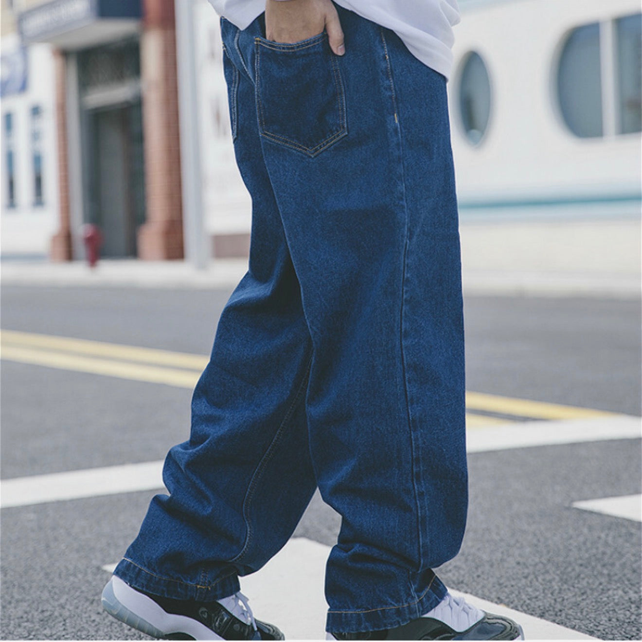 Men Loose Denim Pants Baggy Hip Hop Jeans Drawstring Wide Leg Trousers Blue Cosy