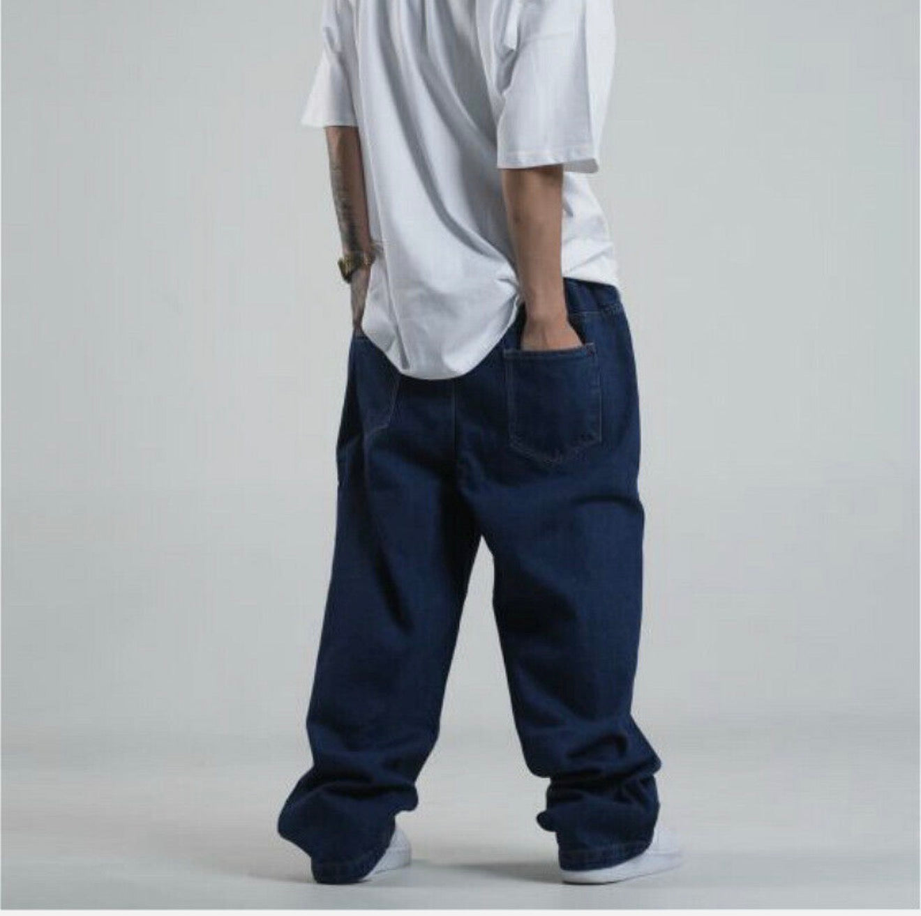 Men Loose Denim Pants Baggy Hip Hop Jeans Drawstring Wide Leg Trousers Blue Cosy
